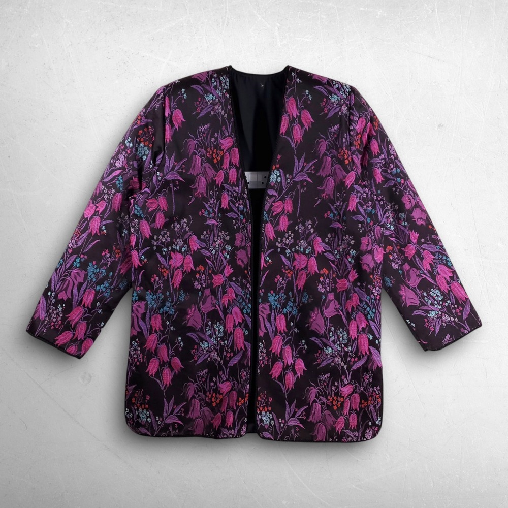 VTG 90s Gothic Dark Romantic Womens Duster Jacket XL Black Floral Brocade Asian
